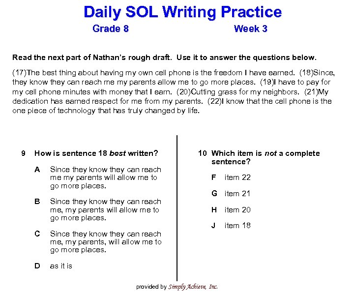 Daily SOL Writing Practice Grade 8 Week 3 Read the next part of Nathan’s