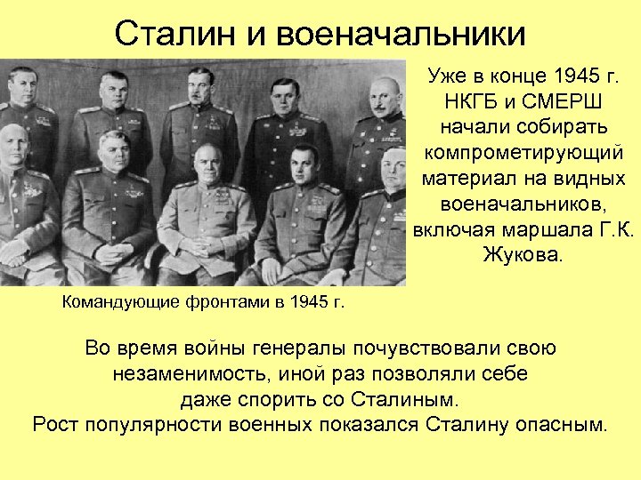Сталин и военачальники Уже в конце 1945 г. НКГБ и СМЕРШ начали собирать компрометирующий