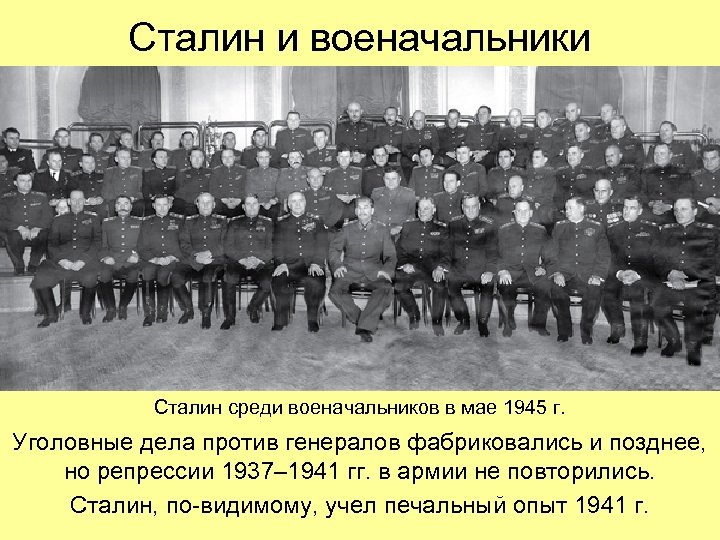 Сталин и военачальники Сталин среди военачальников в мае 1945 г. Уголовные дела против генералов