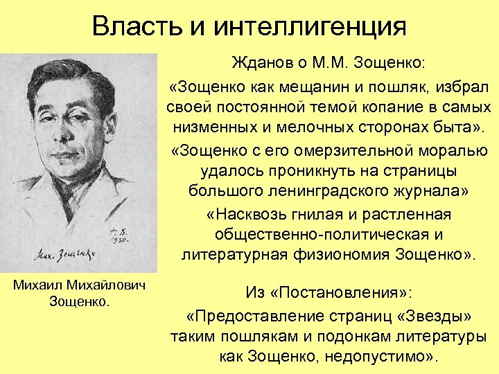 Власть и интеллигенция Жданов о М. М. Зощенко: «Зощенко как мещанин и пошляк, избрал