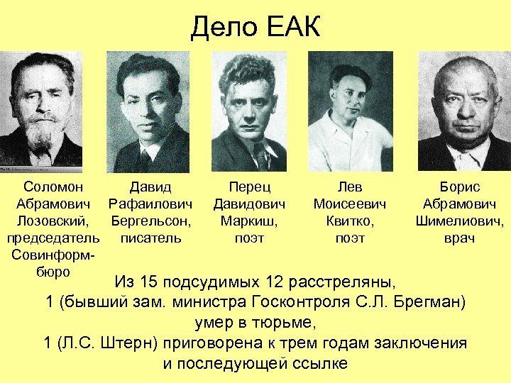 Дело ЕАК Соломон Давид Абрамович Рафаилович Лозовский, Бергельсон, председатель писатель Совинформбюро Перец Давидович Маркиш,