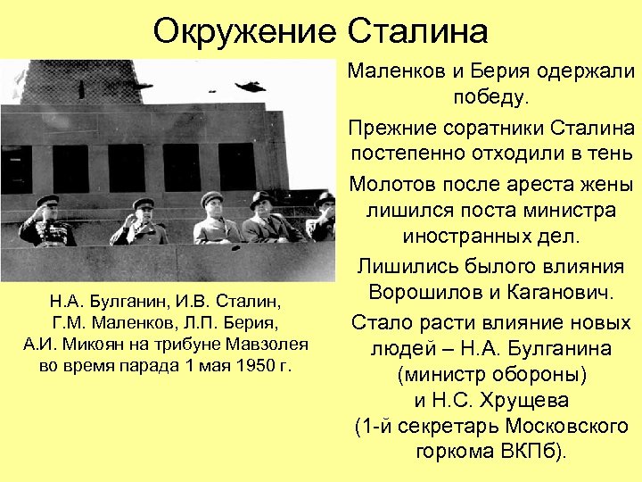 Окружение Сталина Н. А. Булганин, И. В. Сталин, Г. М. Маленков, Л. П. Берия,