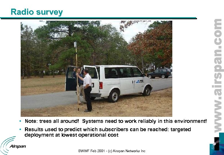 Radio survey • Note: trees all around! Systems need to work reliably in this