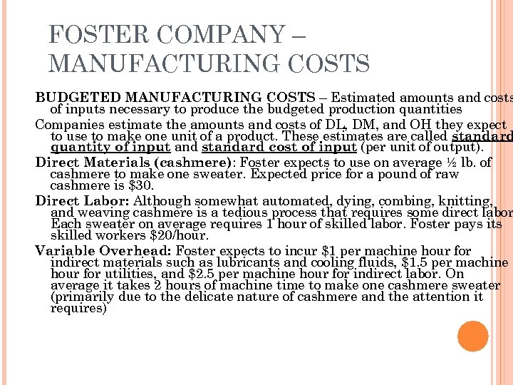 FOSTER COMPANY – MANUFACTURING COSTS BUDGETED MANUFACTURING COSTS – Estimated amounts and costs of