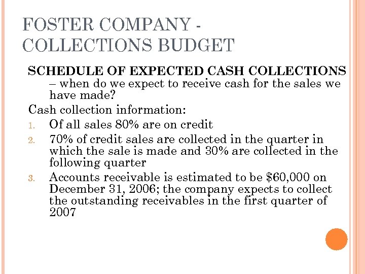 FOSTER COMPANY COLLECTIONS BUDGET SCHEDULE OF EXPECTED CASH COLLECTIONS – when do we expect