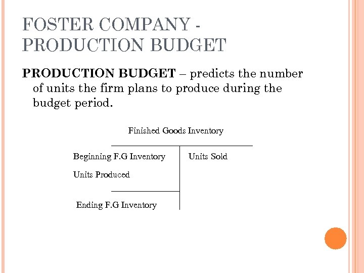 FOSTER COMPANY PRODUCTION BUDGET – predicts the number of units the firm plans to