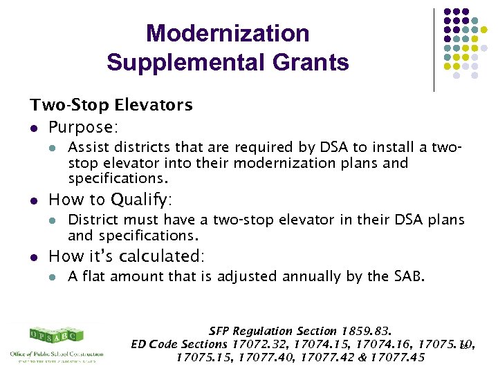 Modernization Supplemental Grants Two-Stop Elevators l Purpose: l l How to Qualify: l l