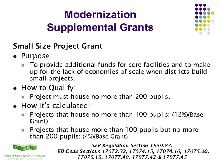 Modernization Supplemental Grants Small Size Project Grant l Purpose: l l How to Qualify: