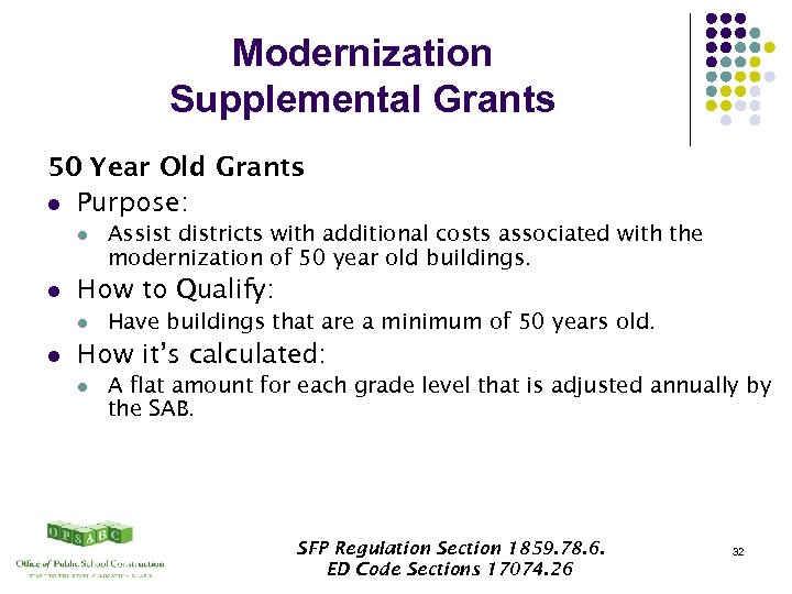 Modernization Supplemental Grants 50 Year Old Grants l Purpose: l l How to Qualify:
