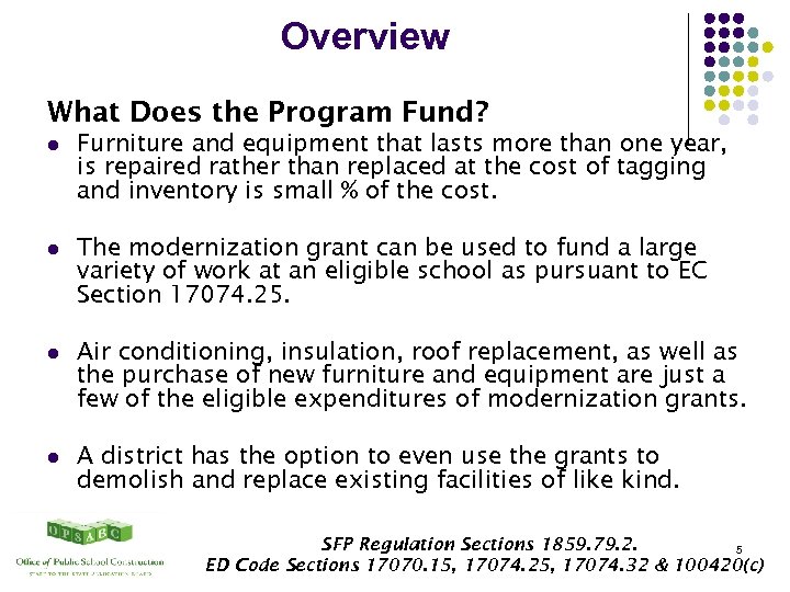 Overview What Does the Program Fund? l Furniture and equipment that lasts more than