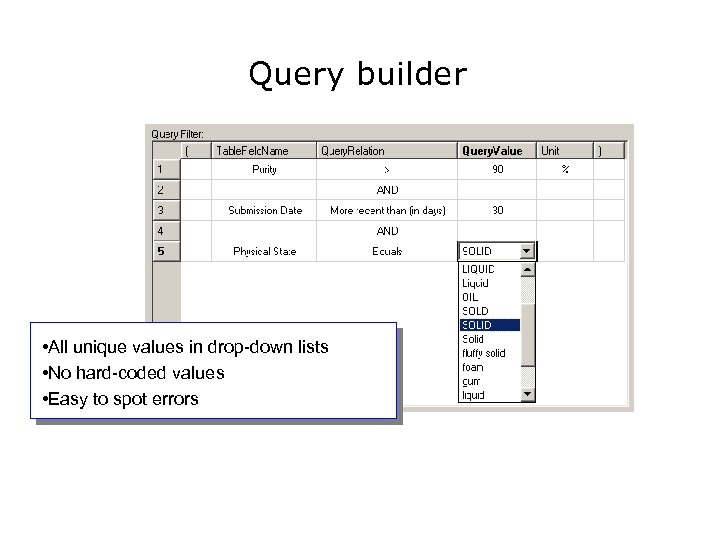 Query builder • All unique values in drop-down lists • No hard-coded values •