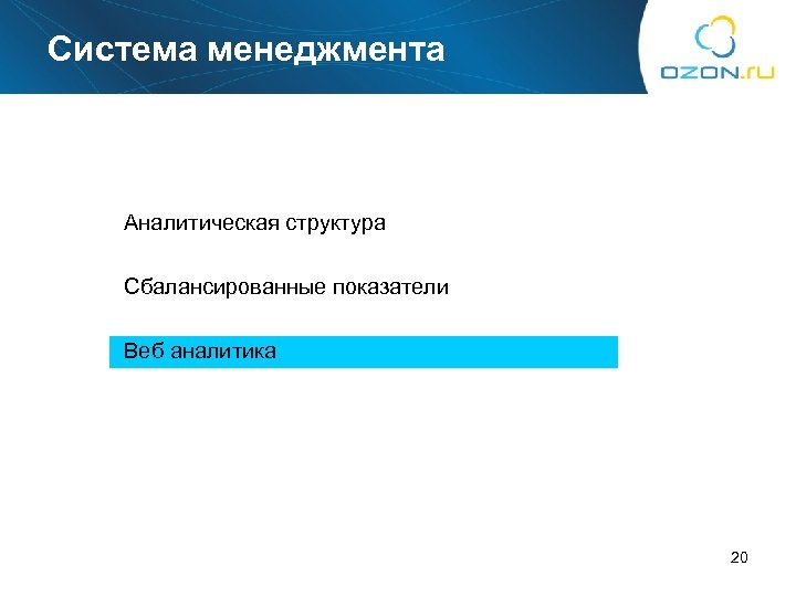 Система менеджмента Аналитическая структура Сбалансированные показатели Веб аналитика 20 