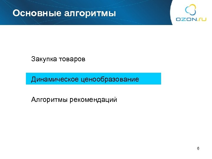 Основные алгоритмы Закупка товаров Динамическое ценообразование Алгоритмы рекомендаций 6 