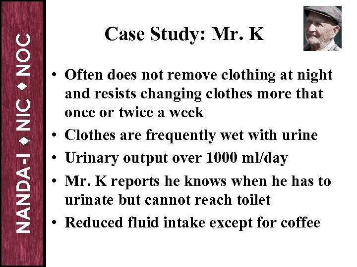 NOC NIC NANDA-I Case Study: Mr. K • Often does not remove clothing at