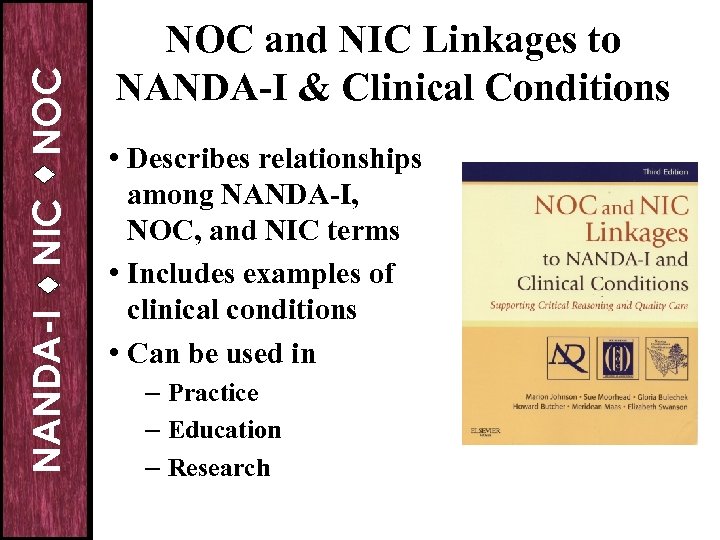 NOC NIC NANDA-I NOC and NIC Linkages to NANDA-I & Clinical Conditions • Describes