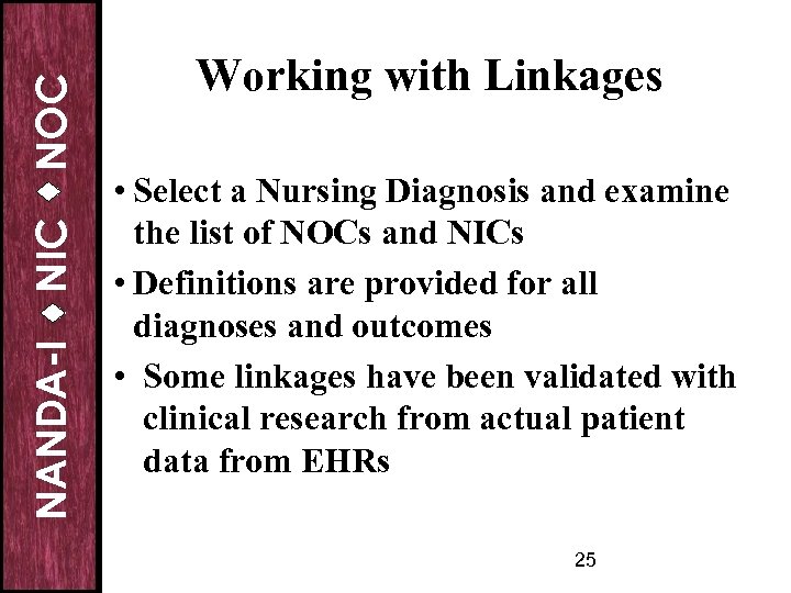 NOC NIC NANDA-I Working with Linkages • Select a Nursing Diagnosis and examine the