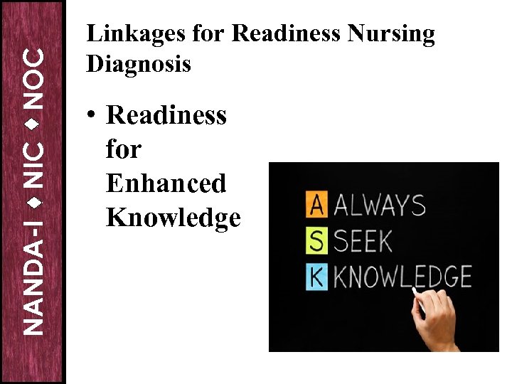 NOC NIC NANDA-I Linkages for Readiness Nursing Diagnosis • Readiness for Enhanced Knowledge 