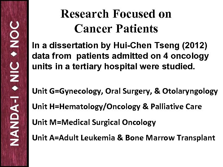 NOC NIC NANDA-I Research Focused on Cancer Patients In a dissertation by Hui-Chen Tseng