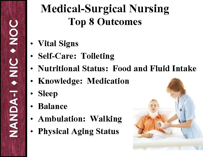 NANDA-I NIC NOC Medical-Surgical Nursing Top 8 Outcomes • • Vital Signs Self-Care: Toileting