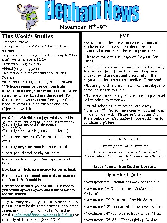 November 5 th-9 th This Week’s Studies: This week we will: • study the