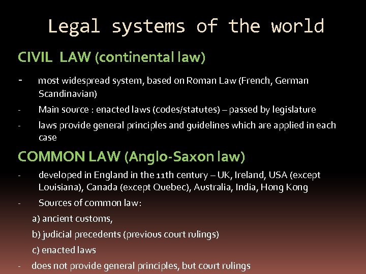 Legal systems of the world CIVIL LAW (continental law) - most widespread system, based