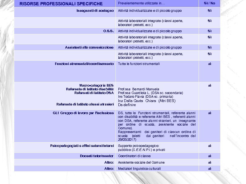 Prevalentemente utilizzate in… RISORSE PROFESSIONALI SPECIFICHE Insegnanti di sostegno Sì / No Macro-categoria BES