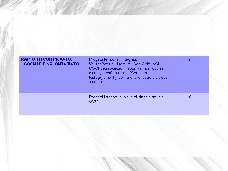 RAPPORTI CON PRIVATO, SOCIALE E VOLONTARIATO Progetti territoriali integrati: Veritas/acque risorgive; Avis-Aido; ACLI COOP;
