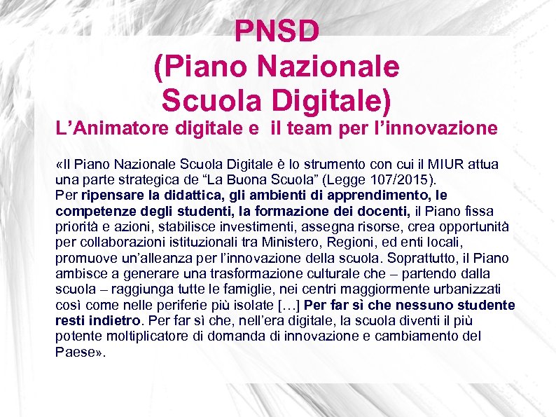 PNSD (Piano Nazionale Scuola Digitale) L’Animatore digitale e il team per l’innovazione «Il Piano
