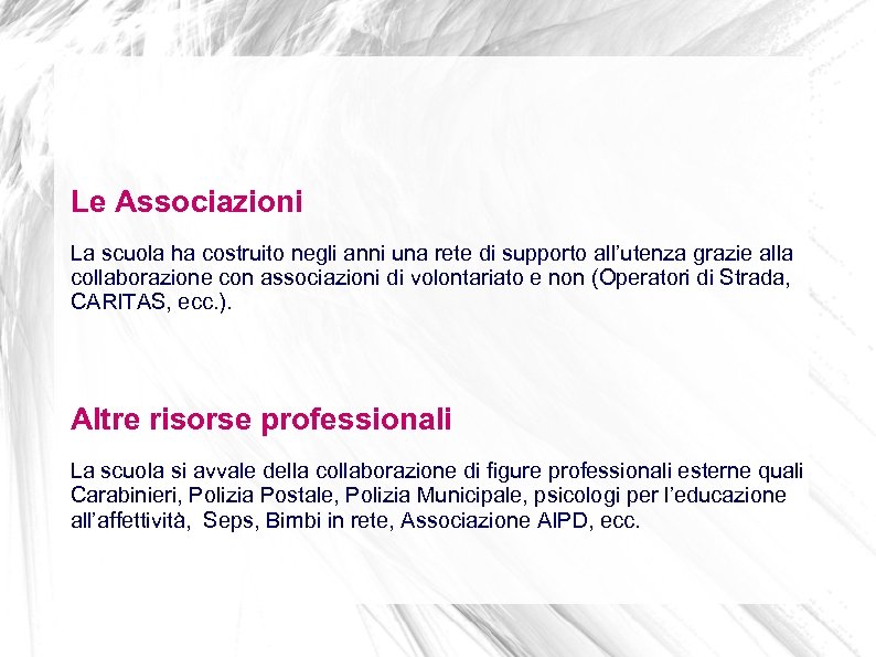 Le Associazioni La scuola ha costruito negli anni una rete di supporto all’utenza grazie