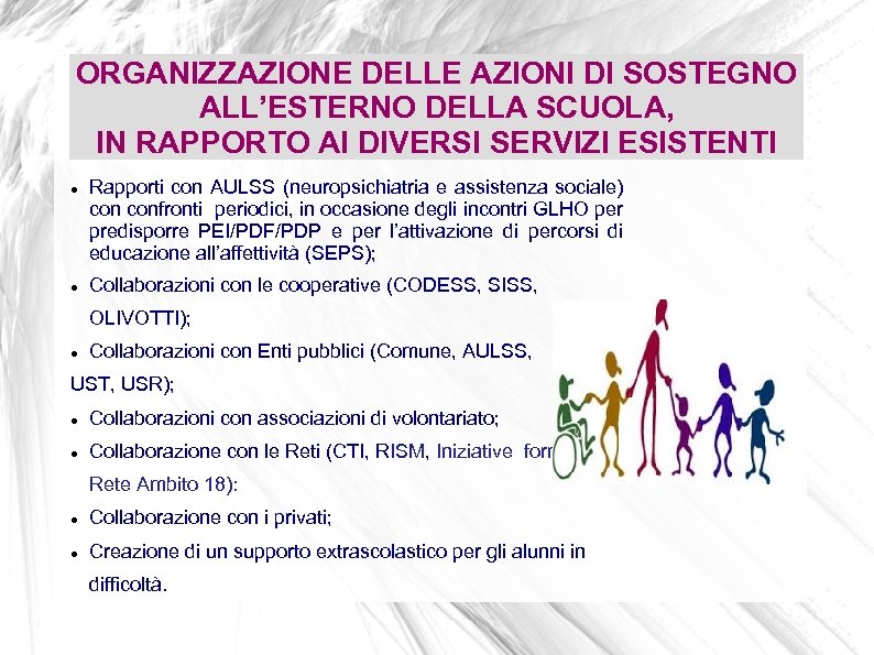 ORGANIZZAZIONE DELLE AZIONI DI SOSTEGNO ALL’ESTERNO DELLA SCUOLA, IN RAPPORTO AI DIVERSI SERVIZI ESISTENTI