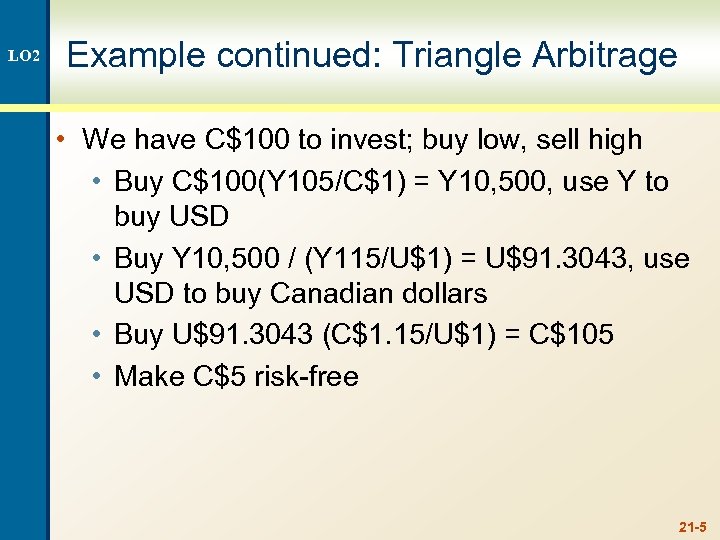 LO 2 Example continued: Triangle Arbitrage • We have C$100 to invest; buy low,