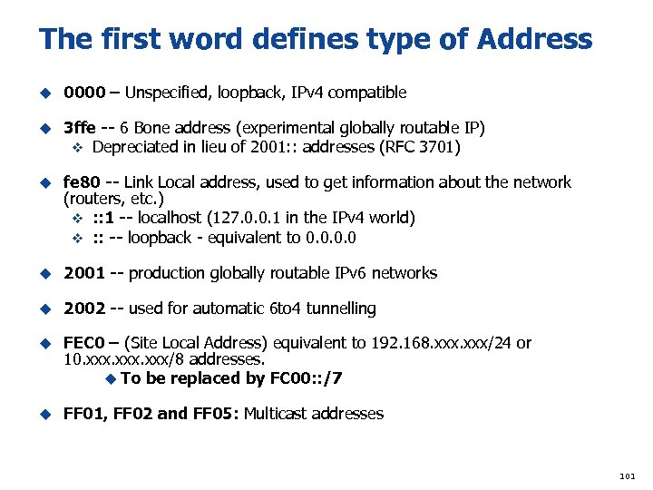 The first word defines type of Address u 0000 – Unspecified, loopback, IPv 4