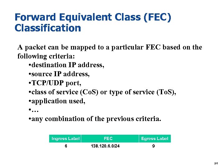 Forward Equivalent Class (FEC) Classification A packet can be mapped to a particular FEC