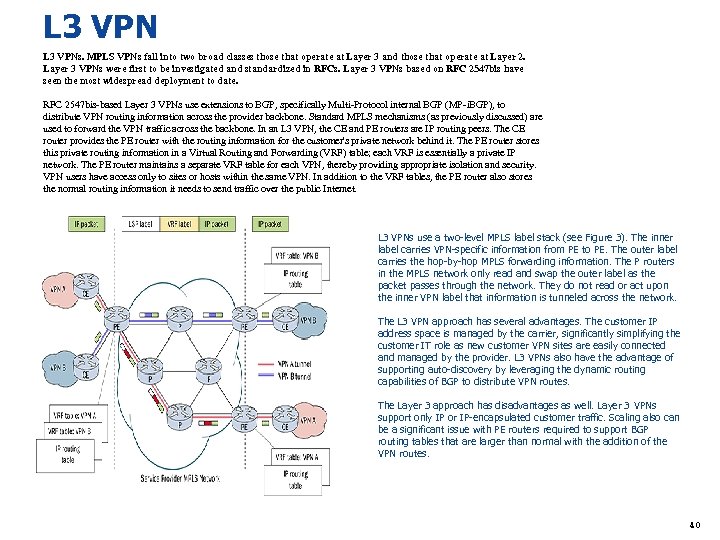 L 3 VPNs. MPLS VPNs fall into two broad classes those that operate at