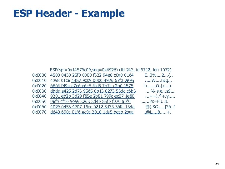 ESP Header - Example ESP(spi=0 x 14579 c 09, seq=0 x 4926) (ttl 243,