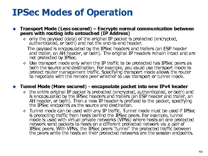 IPSec Modes of Operation u Transport Mode (Less secured) – Encrypts normal communication between