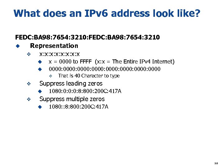 What does an IPv 6 address look like? FEDC: BA 98: 7654: 3210: FEDC: