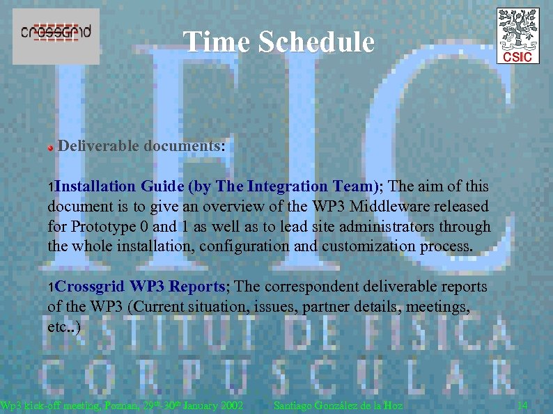 Time Schedule Deliverable documents: 1 Installation Guide (by The Integration Team); The aim of
