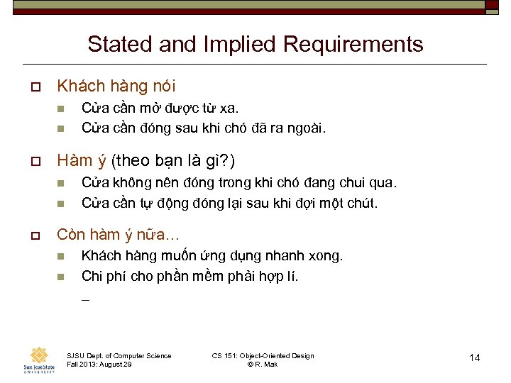 Stated and Implied Requirements o Khách hàng nói n n o Hàm ý (theo