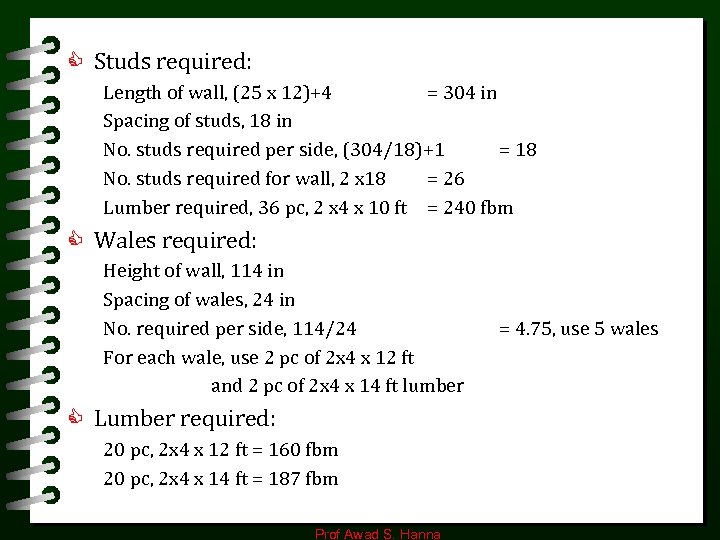 C Studs required: Length of wall, (25 x 12)+4 = 304 in Spacing of