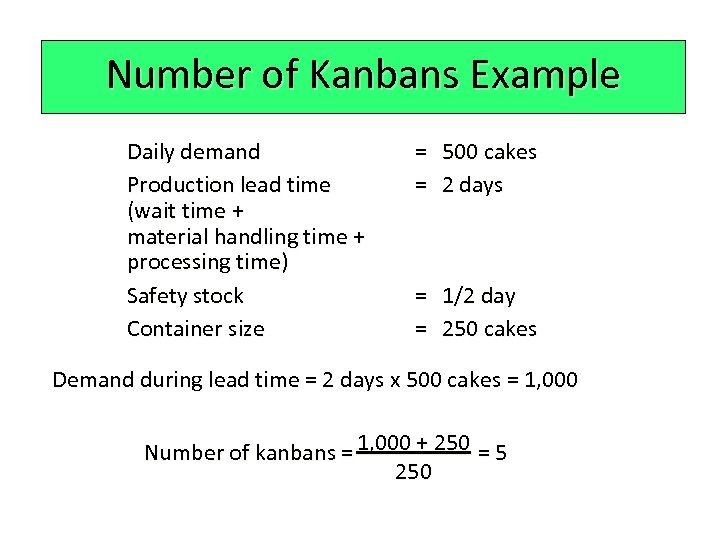 Number of Kanbans Example Daily demand Production lead time (wait time + material handling