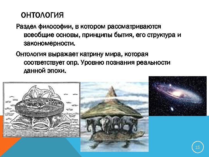 ОНТОЛОГИЯ Раздел философии, в котором рассматриваются всеобщие основы, принципы бытия, его структура и закономерности.