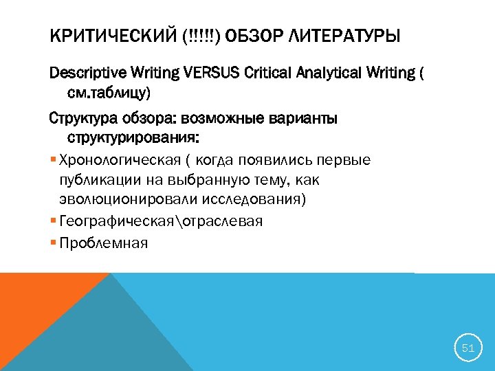 КРИТИЧЕСКИЙ (!!!!!) ОБЗОР ЛИТЕРАТУРЫ Descriptive Writing VERSUS Critical Analytical Writing ( см. таблицу) Структура