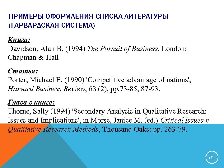 ПРИМЕРЫ ОФОРМЛЕНИЯ СПИСКА ЛИТЕРАТУРЫ (ГАРВАРДСКАЯ СИСТЕМА) Книга: Davidson, Alan B. (1994) The Pursuit of