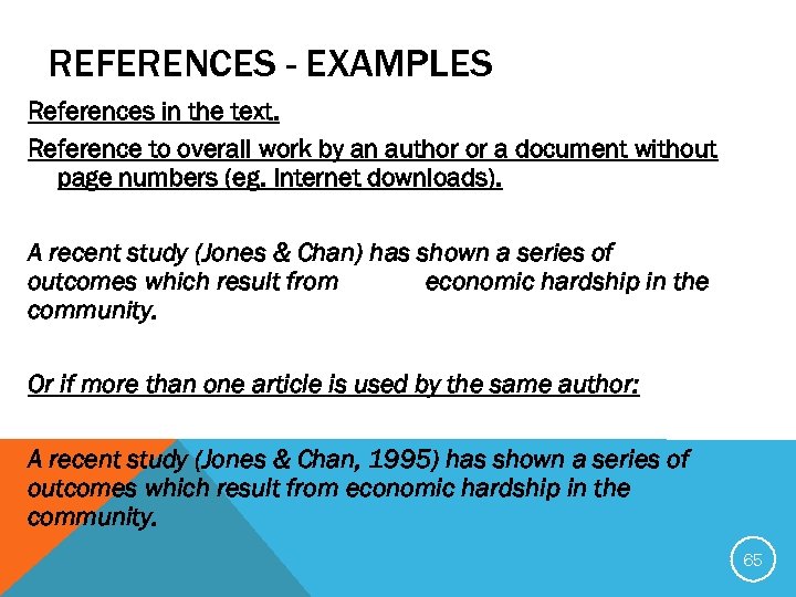 REFERENCES - EXAMPLES References in the text. Reference to overall work by an author