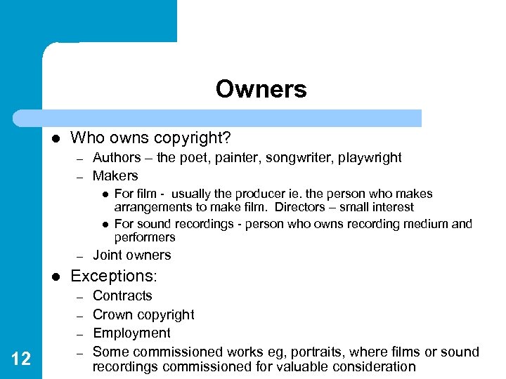Owners l Who owns copyright? – – Authors – the poet, painter, songwriter, playwright