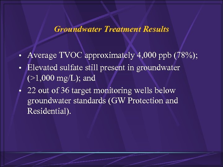 Groundwater Treatment Results • Average TVOC approximately 4, 000 ppb (78%); • Elevated sulfate