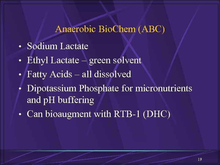 Anaerobic Bio. Chem (ABC) • Sodium Lactate • Ethyl Lactate – green solvent •