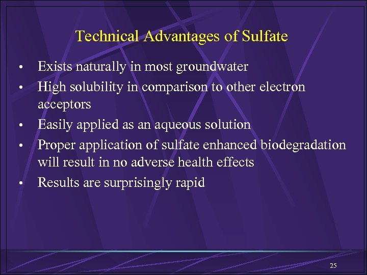 Technical Advantages of Sulfate • • • Exists naturally in most groundwater High solubility