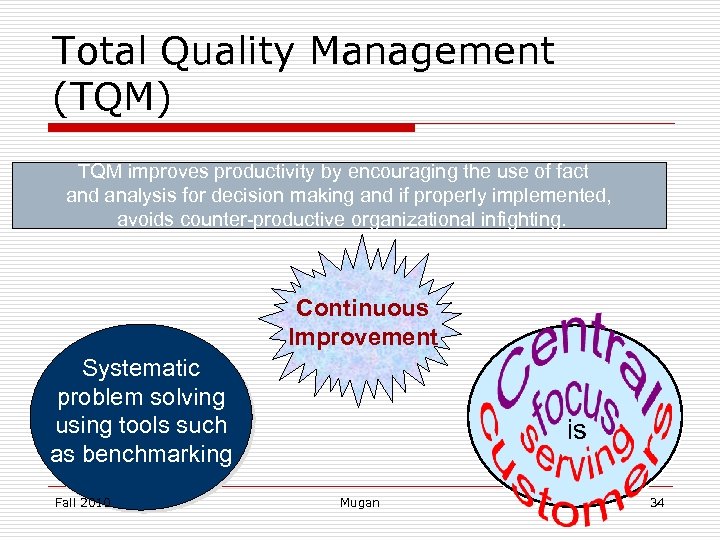 Total Quality Management (TQM) TQM improves productivity by encouraging the use of fact and